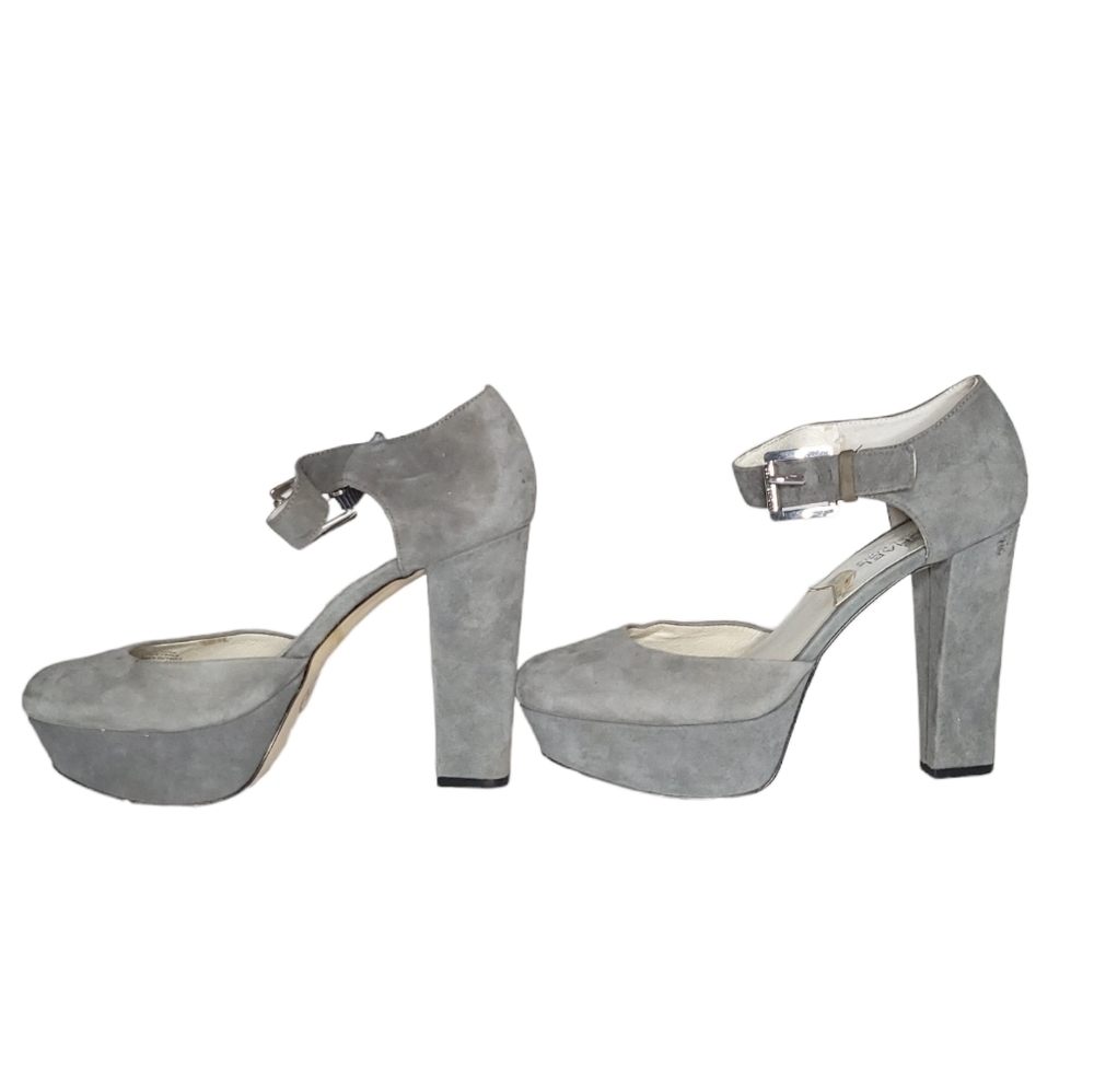 Michael Kors Flynn Grey Suede Platform Ankle Strap Heels Office Siren Size 7